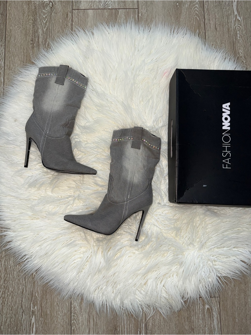 Fashion Nova Gray Suede Pointed-Toe Stiletto Mid-Calf Boots Worn @ Exxxotica MIA